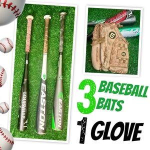 Two Easton & One Louisville Baseball Bats w/Wilson Baseball Glove